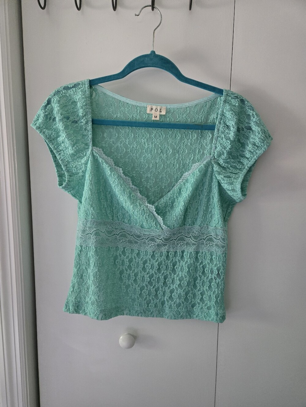 Lace-Trim Turquoise Short Sleeve Women's Top